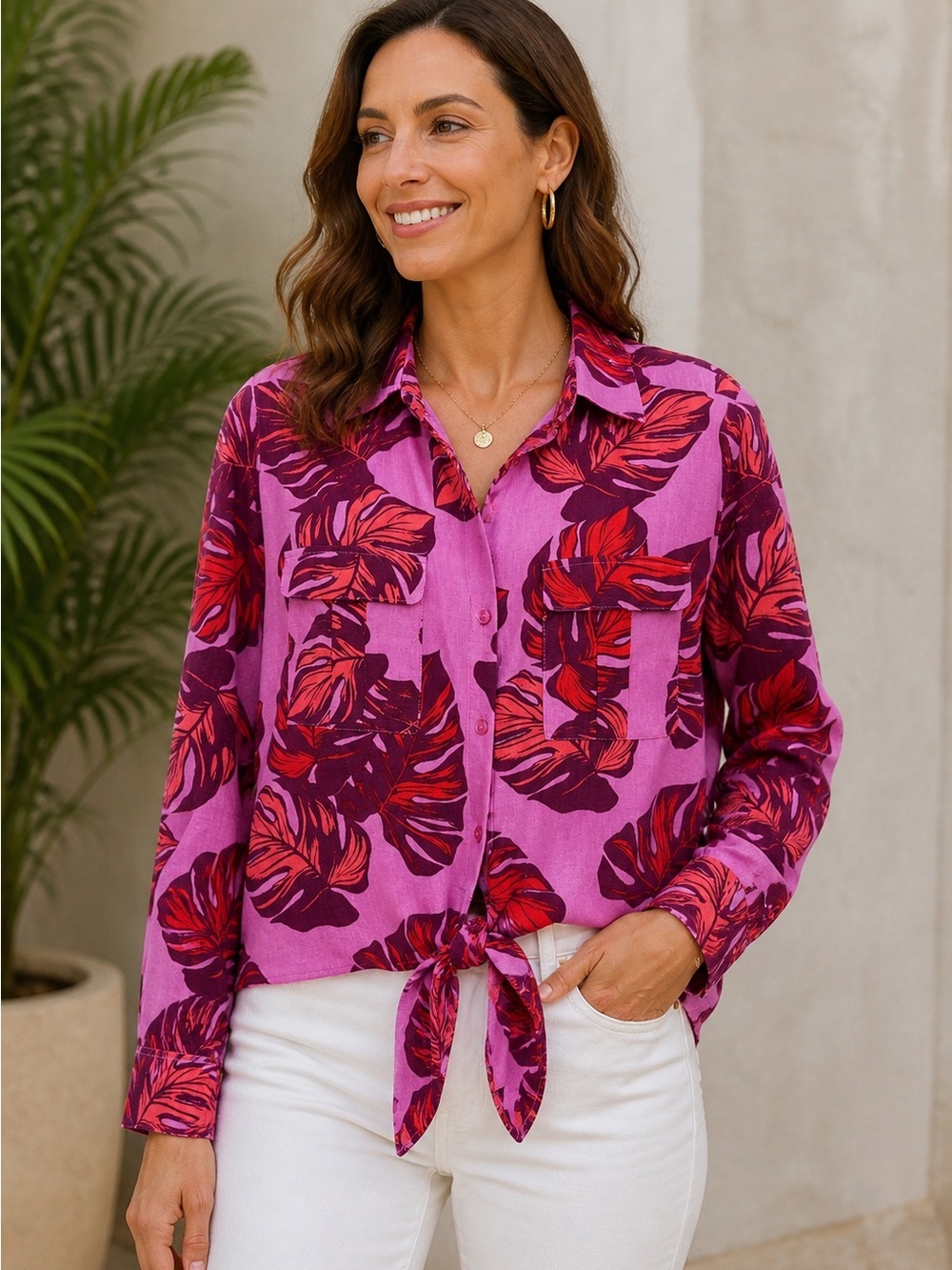 sofia by sofia vergara Pink Tropical Print Tie-Front Blouse